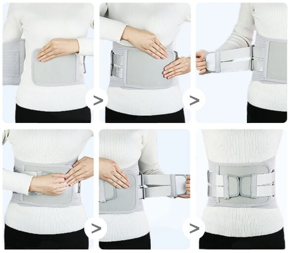 Image showing instructions on how to wear the Lumbarmate orthopedic back brace with steel supports and heat therapy..